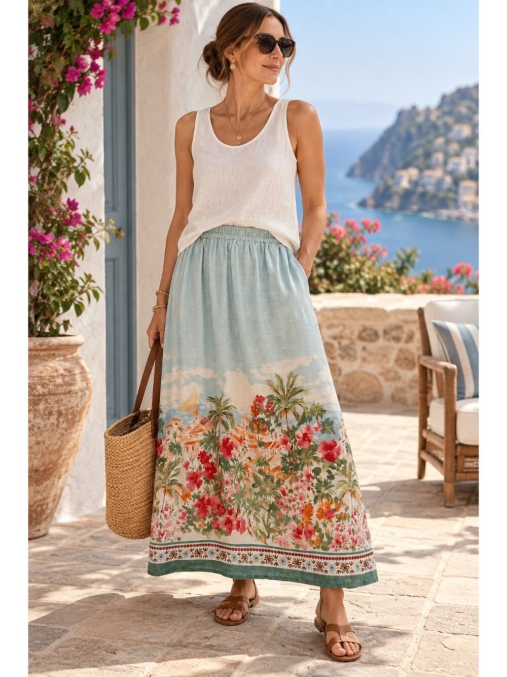 Calypso St. Barth Linen Blend Maxi Skirt L Scenic Mediterranean Floral Resort